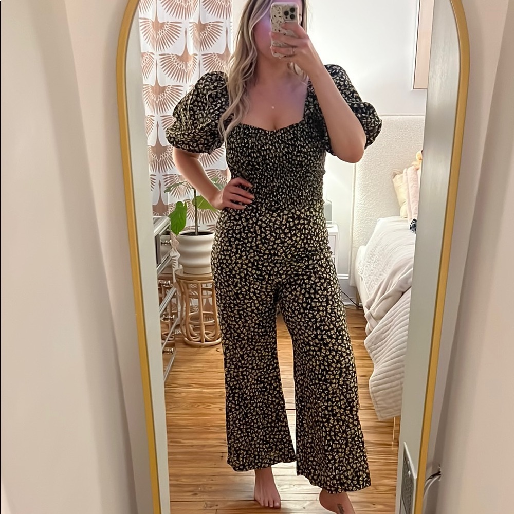 Faithfull the Brand Black and Yellow Jumpsuit with Wide-Leg and Puff Sleeves